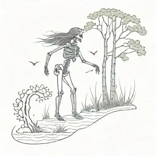 Lake With Forest And A Girl Dancing Skeleton