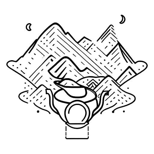 A Minimalist Tattoo Of A Teapot Pouring Tea Into A Cup With A Mountain Range In The Background