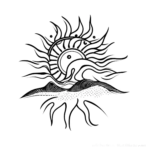 A Minimalist Tattoo Of A Surfer Riding A Wave With The Sun Setting In The Background