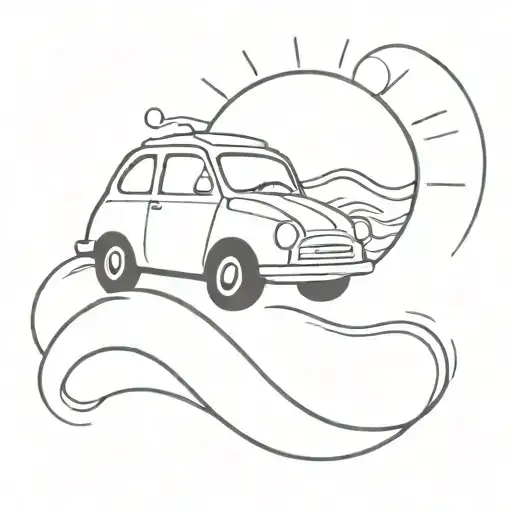 Love Heart A Wave And Sun And A Small Car Driving