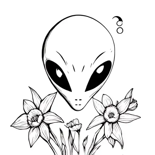 Alien Head And Daffodils And Moon