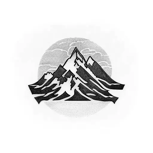A Blackwork Tattoo Of A Mountain Range With A French Flag Flying On Its Peak