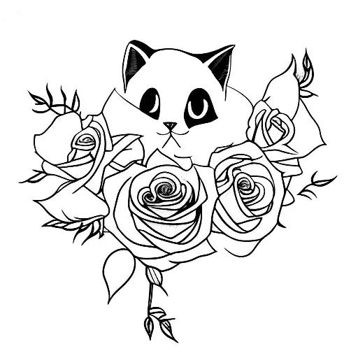 Black And White Tattoo Walking Cat With Roses Around