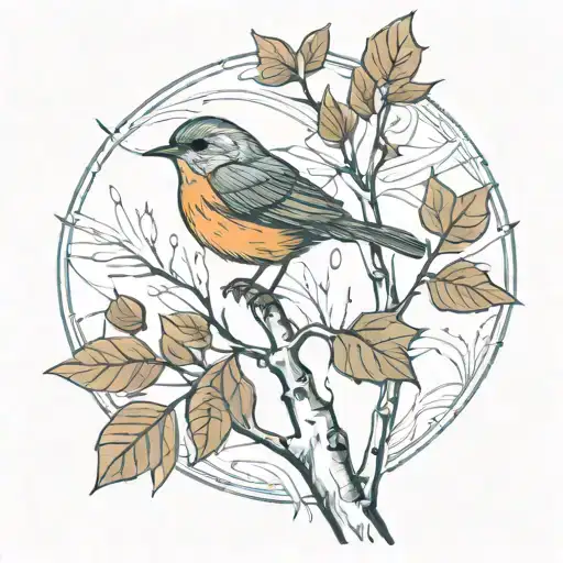 Birch Tree And Robin Singing Bird Perched