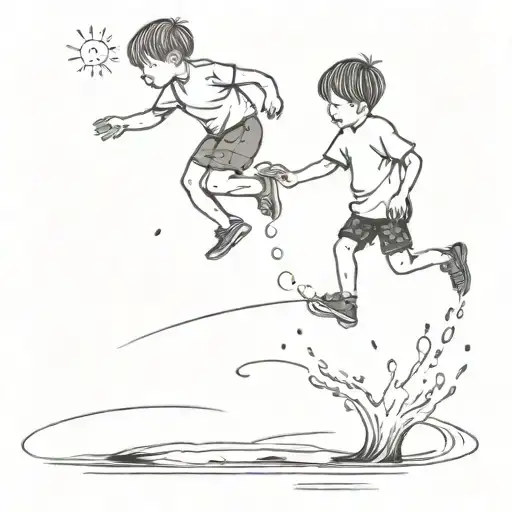 Kids Jumping In A Puddle With The Water Splashing Up