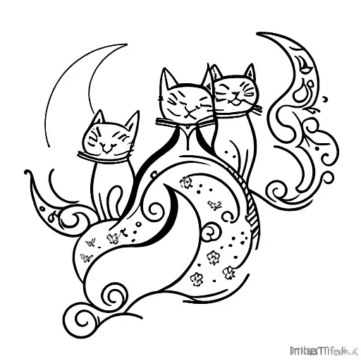 A Romantic Scene Of Two Cats Sitting On A Crescent Moon