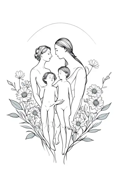 Mother Holding Sons Surrounded By Flowers