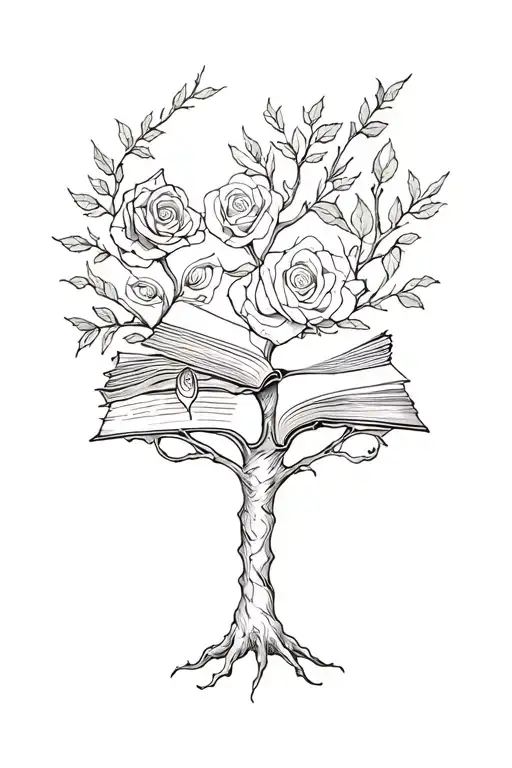 Yew Tree Intertwined And Roses And Books And Magic