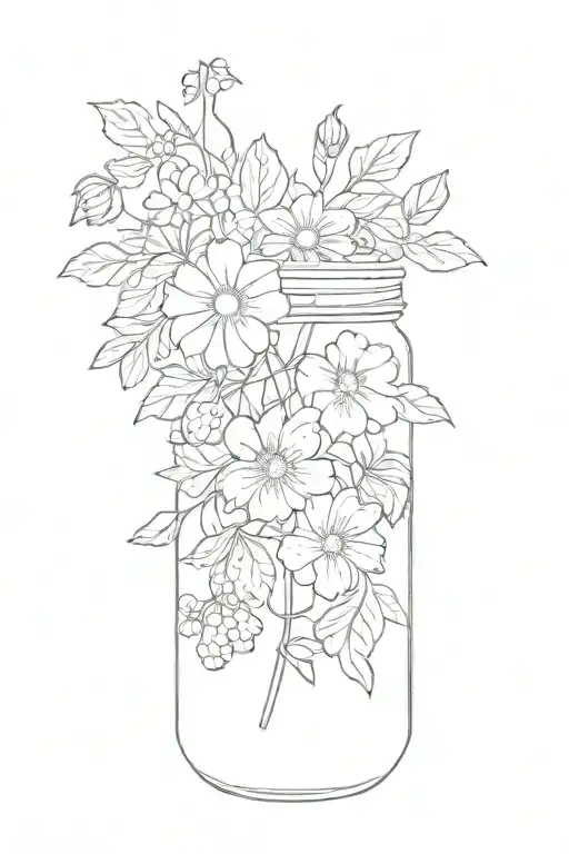 Line Work Mason Jar Flowers Strawberries And Birds