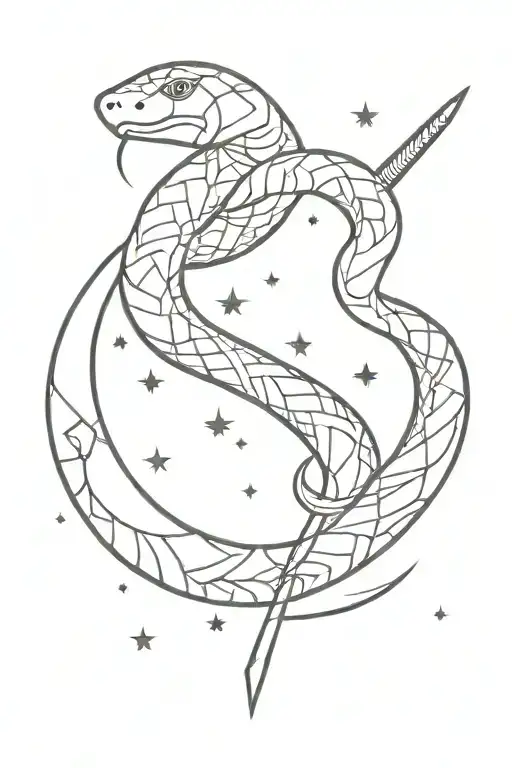 Snake Wrapped Around Sword With Crescent Moon Surrounded By Stars