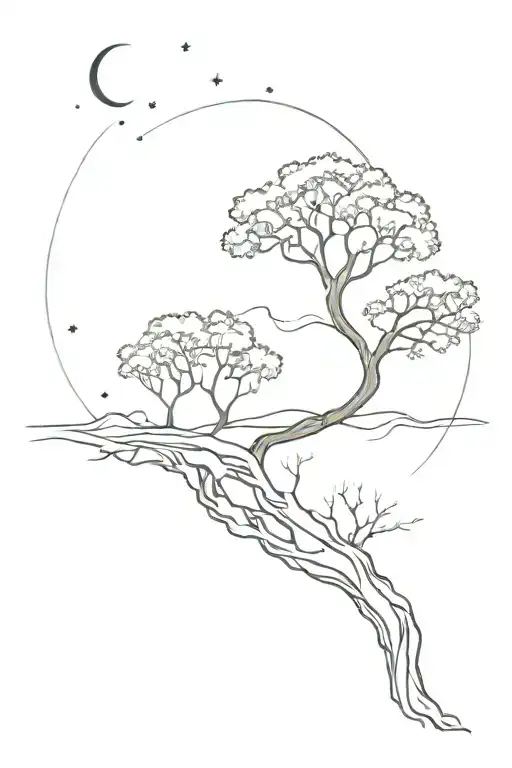 Galaxy That Flows Into A Tree Then The Tree Roots Flow Into A Waterfall