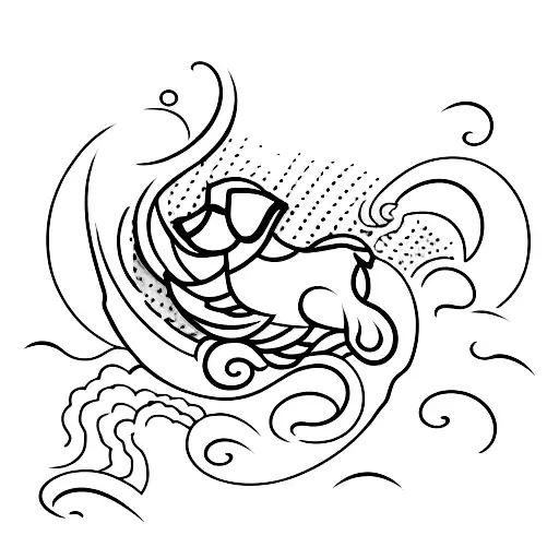 A Minimalist Tattoo Of A Dog's Silhouette With Waves And A Sailboat In The Background