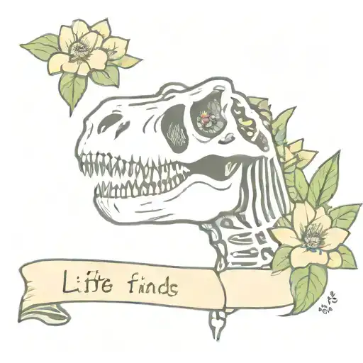 Dinosaur Head Skeleton With Flowers And Banner Saying Life Finds A Way