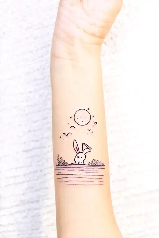 Horizon Line On Arm With Psychedelic Cute Rabbit
