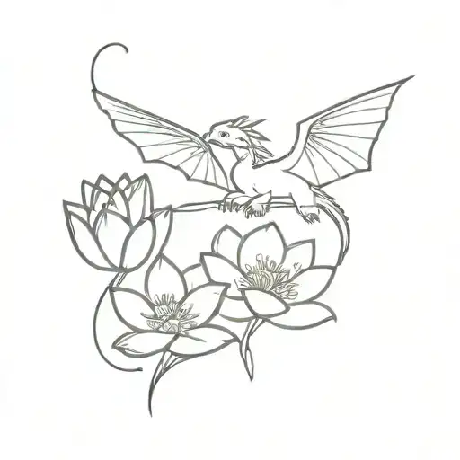 Tiny Dragon Flying With Water Lily Flowers