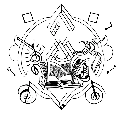 A Minimalist Tattoo Of A Book And A Dog With Musical Notes As Fur