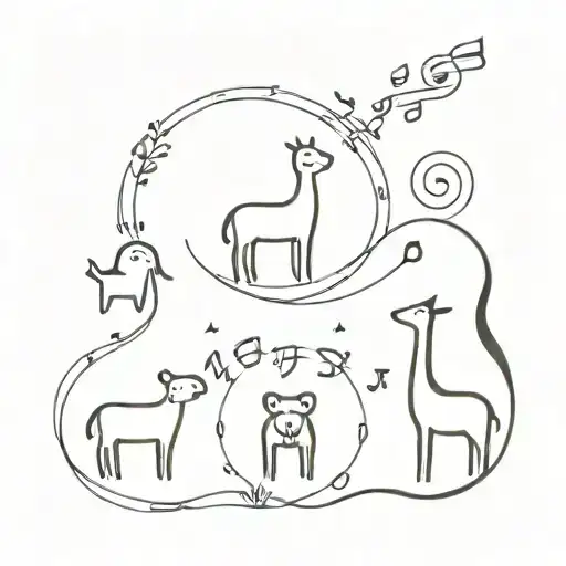 A Minimalist Tattoo Of A Family Of Animals With Music Symbols Incorporated