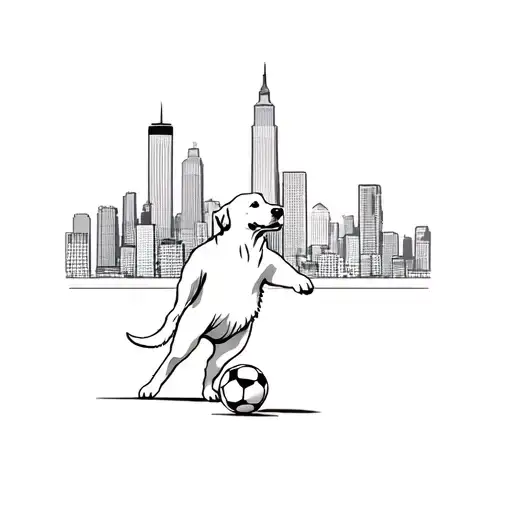 Golden Retriever Playing Soccer With A Chicago Skyline In The Background