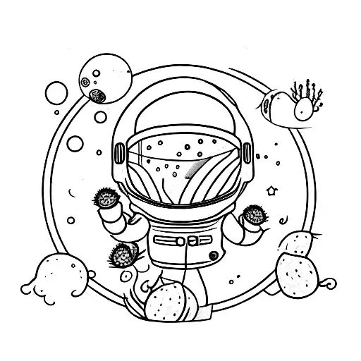 Floating Spaceman With A Cactus Coming Out Of Their Helmet Surrounded By A Bed Of Black Roses