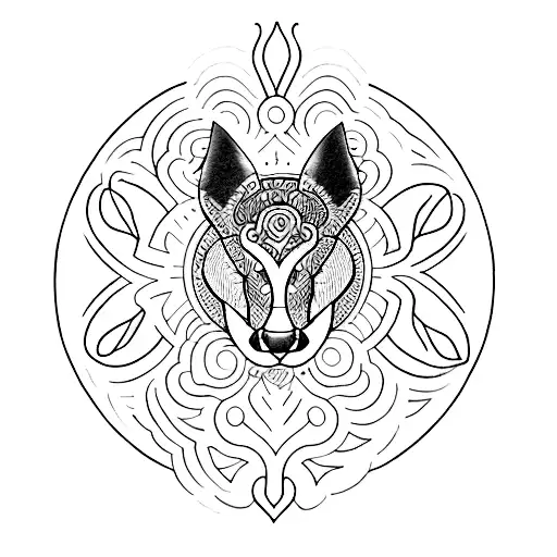 A Dotwork Tattoo Of A Mystical Creature Surrounded By Elements Of Nature And Tarot Symbols