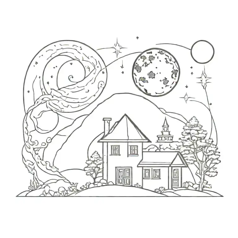 Traditional Lebanese House With A Moon And A Comet In The The Sky