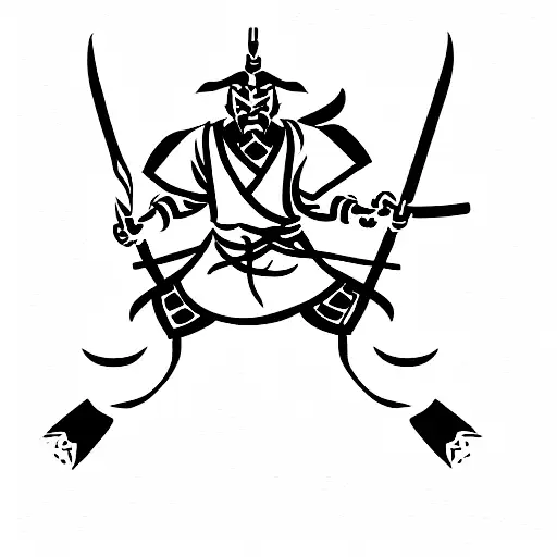 Samurai Holding 2 Daggers In Hand With Swords On Back With Dragon Behind It