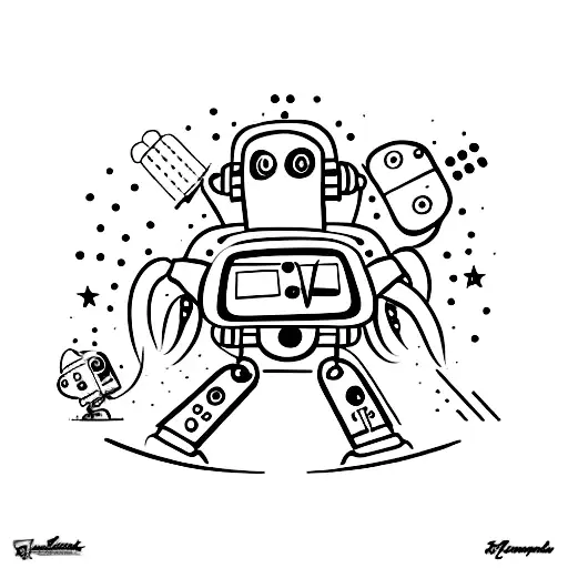 A Realistic Portrait Of A Famous Musician Surrounded By Robot Companions