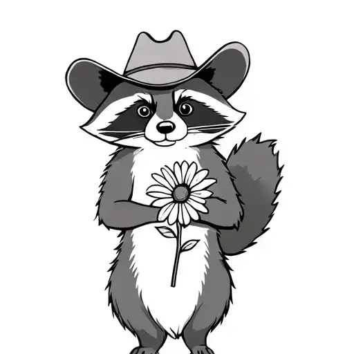 Raccoon Standing Wearing Cowboy Hat Holding A Flower
