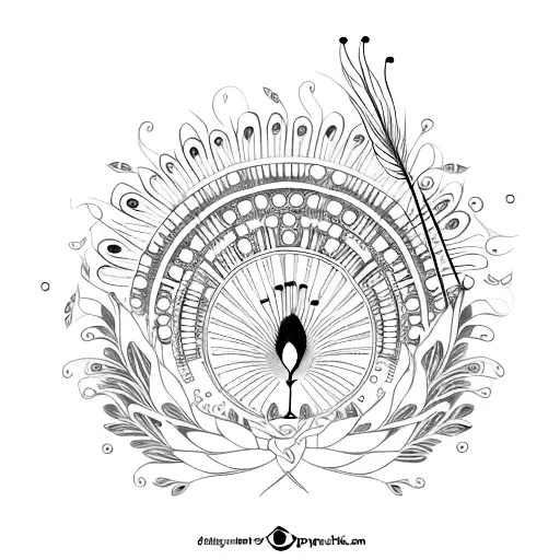 A Flute Surrounded By A Peacock Feather Wreath