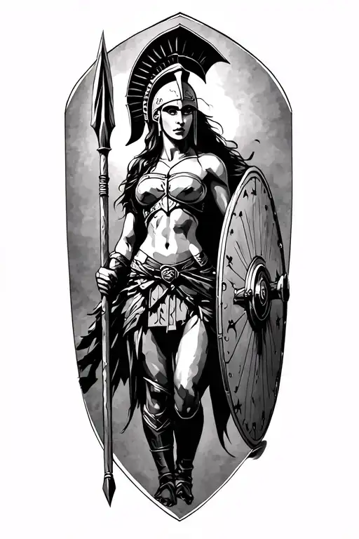 Ares As A Female Spartan With Spear And Shield Adorned