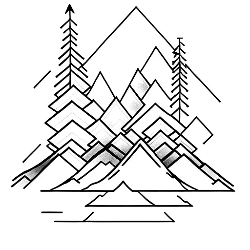 A Minimalist Tattoo Of A Mountain Range With A Forest In The Foreground