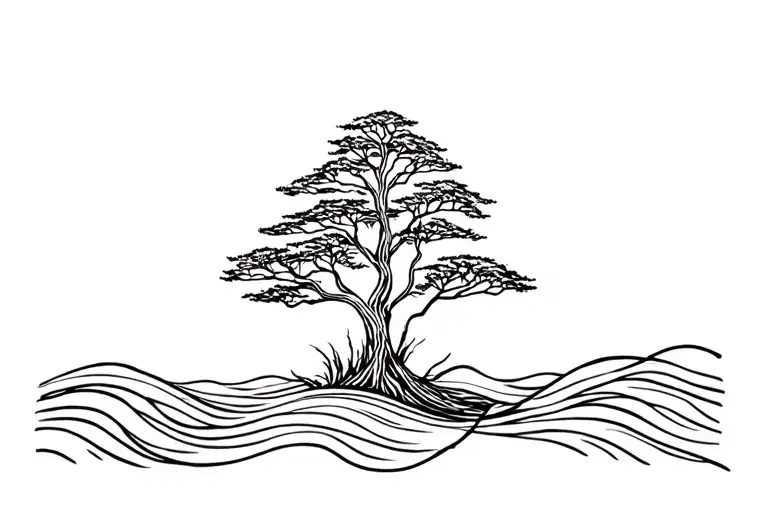 Mangrove Tree And Waves In Between Black Lines
