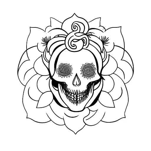 A Minimalist Tattoo Of A Medusa Half Skull Adorned With Blooming Flowers