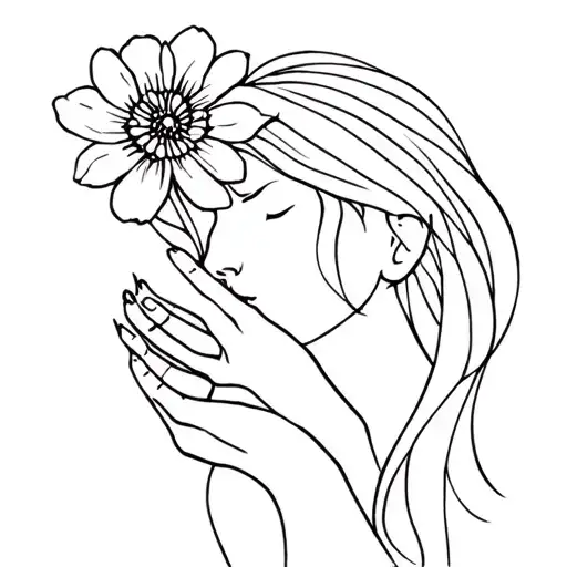 Flower Hug Lady Head Profile Holding With Cancer Sign