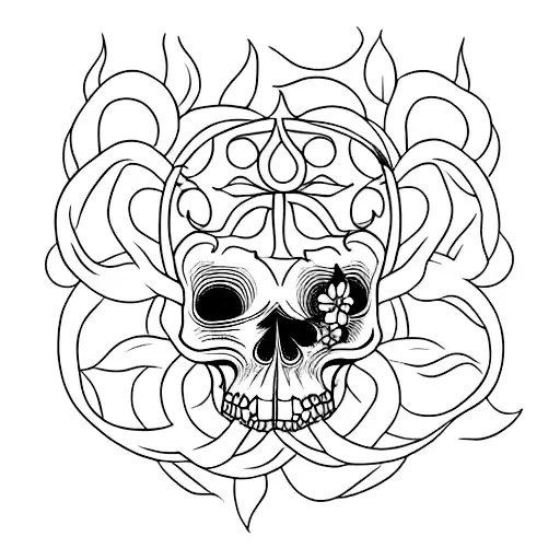 A Minimalist Tattoo Of A Medusa Half Skull Adorned With Blooming Flowers