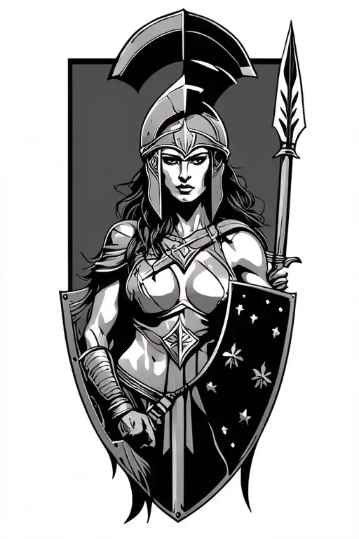 Ares As A Female Spartan With Spear And Shield Adorned