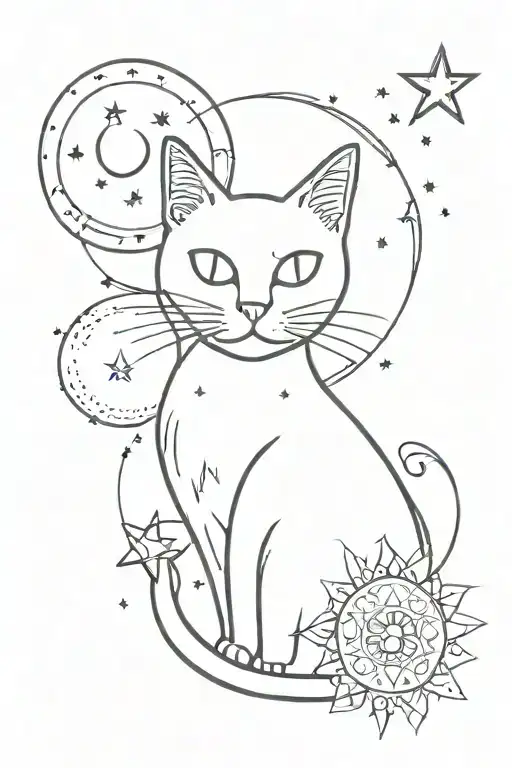 A Gastronomy-inspired Tattoo Of A Black Cat Surrounded By Sparkling Stars And Moon Phases