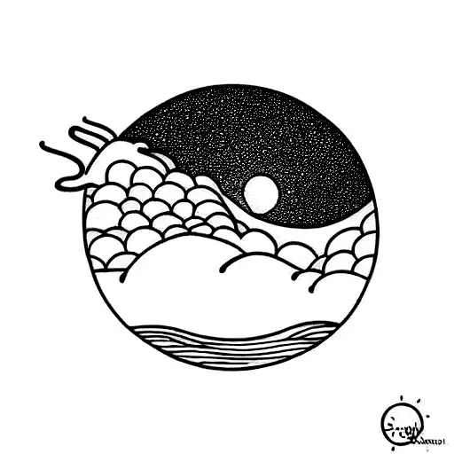 Sun Mountains And Waves In A Cicular Shape