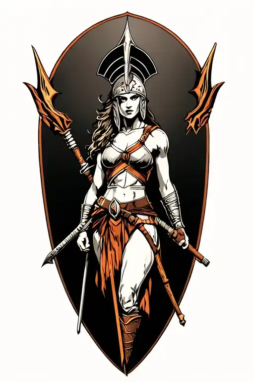 Ares As A Female Spartan With Spear And Shield Adorned