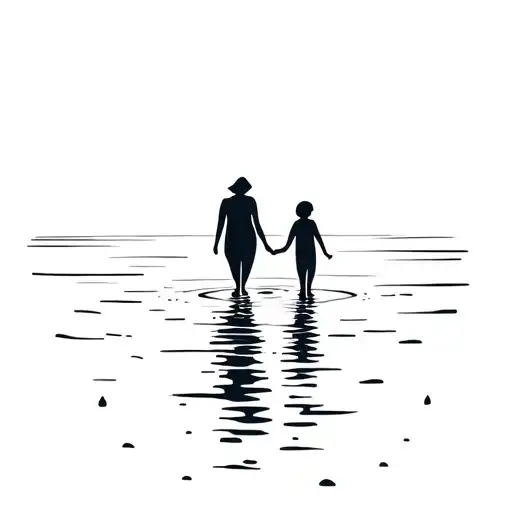 One Line Will Silhouette Formed By A Picture Of Grandmother And Child Walking Into The Water