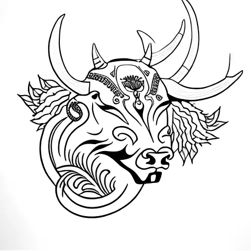 A Tattoo Of A Bull's Head With Intricate Plant Patterns Forming The Horns