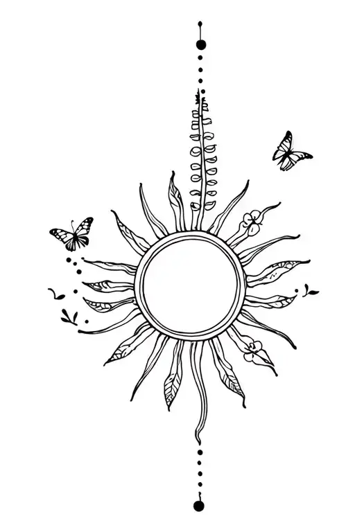 Timeline Sun For Spine Tattoo With Dainty Flowers And Tiny Butterflies With Lines And Dots