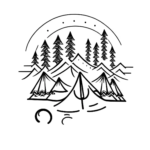 Create A Tattoo Featuring A Serene Camping Scene With A Hockey Player Silhouette