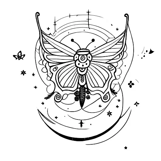 A Minimalist Tattoo Of A Dancer Surrounded By Stars And A Crescent Moon With Butterfly