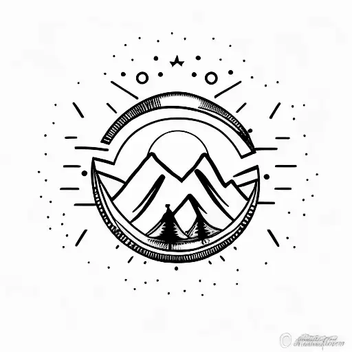 A Minimalist Tattoo Of A Scandinavian Landscape With A Vinyl Record As The Sun