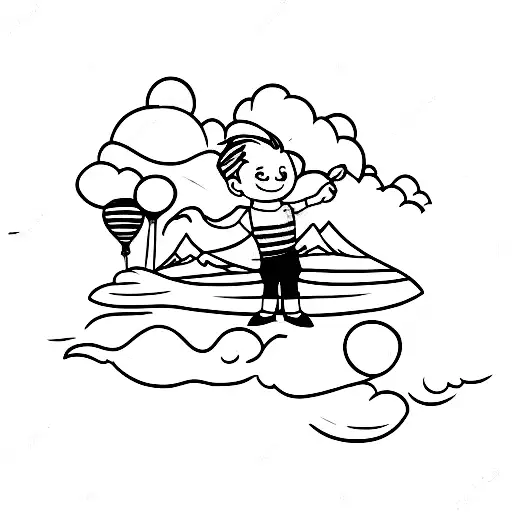 Little Boy Hanging Off A Ledge Holding A Balloon And Look Into The Distance Of Mountains