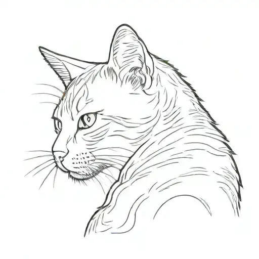 Outline Of A Silhouette From Behind Of A Cat Sitting Alone In The Style Of A Line Drawing