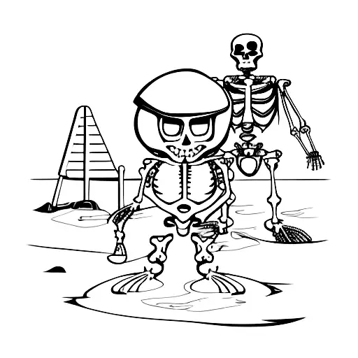 Beach Sunset With Skeleton Construction Worker