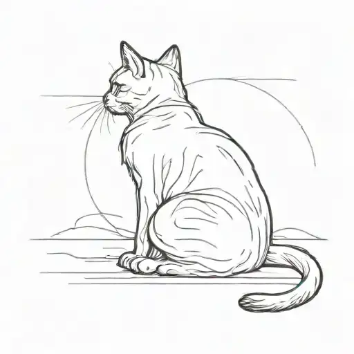 Silhouette From Behind Of A Cat Sitting Alone In The Style Of A Line Drawing