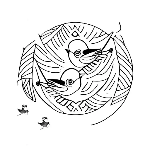 Mama Bird With Three Little Birds As A Simple Stick